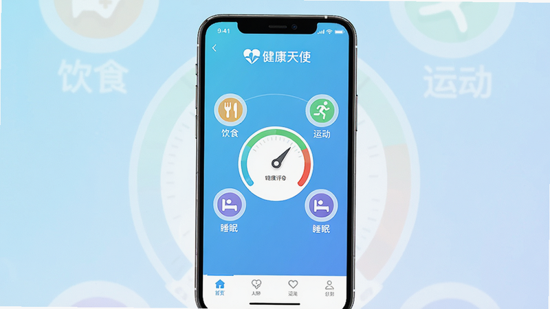 一张展示“健康天使”App主界面的高清概念图,主体为手机屏幕,显示着清新的蓝色渐变背景,顶部有“健康天使”Logo,中间是圆形的健康评分仪表盘,周围环绕着饮食、运动、睡眠三个图标,底部是导航栏,整体风格简约现代,扁平化设计,无多余元素,4k高清,干净明亮