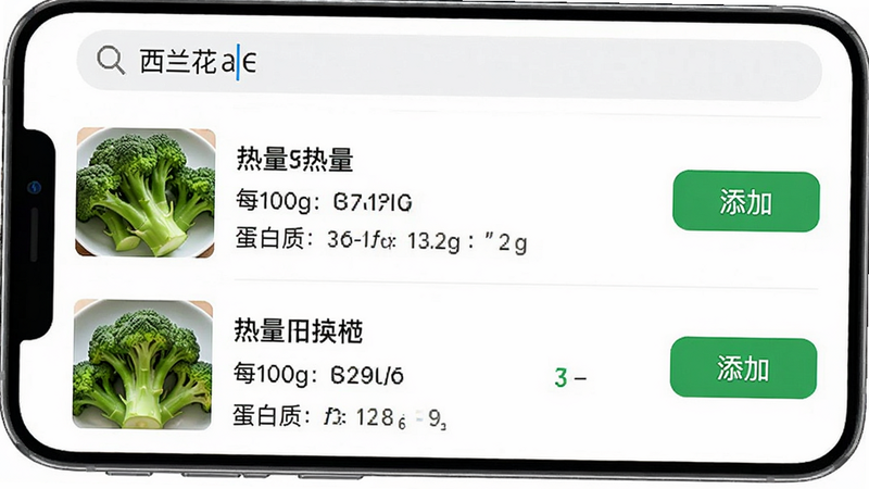 手机应用界面截图,显示食物搜索页面,顶部有搜索框输入“西兰花”,下方列表展示食材图片、名称及每100g的热量、蛋白质数据,右侧有绿色的“添加”按钮,界面整洁,白色背景,字体清晰,高保真UI设计