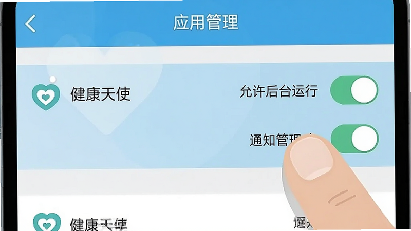 手机设置界面示意图,显示“应用管理”页面,列表中找到“健康天使”选项,右侧有“允许后台运行”和“通知管理”的开关按钮,手指正在点击开关,特写镜头,清晰展示操作细节,现代扁平风格,无杂乱背景