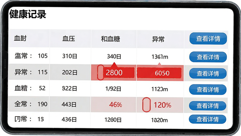 健康记录界面,显示血压和血糖的历史记录表格,行背景交替为浅灰和白色,异常数据用红色高亮标记,旁边有“查看详情”的蓝色按钮,界面简洁专业,医疗风格,字体易读,高分辨率