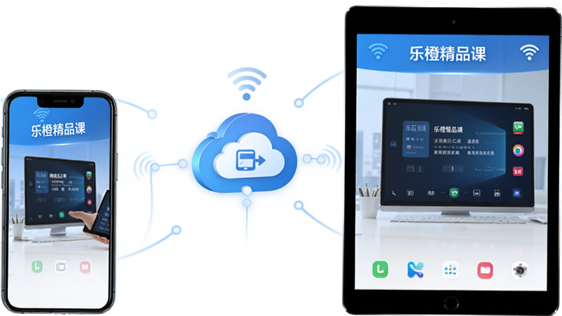乐橙精品课多设备同步概念图,主体为手机与平板电脑并排展示,屏幕内容一致,中间有云端同步图标连接。布局对称平衡,排版强调设备互联,风格科技感与商务风结合,细节处显示WiFi信号图标,画质高清,干净,无多余元素,文字“乐橙精品课”在设备屏幕顶部。