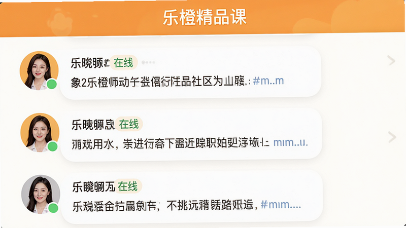 乐橙精品课社区讨论页界面,主体为聊天列表样式,显示用户头像、昵称及消息内容。布局垂直滚动,排版清晰区分不同用户发言,风格温馨友好,细节处显示在线状态标识,画质细腻,干净,无多余元素,文字“乐橙精品课”在顶部标题栏。