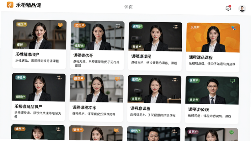 展示乐橙精品课课程列表页的视觉效果,主体为网格状排列的课程封面,每个封面包含讲师头像、课程标题及简介。布局紧凑有序,排版采用双列卡片式设计,风格现代简约,细节处突出课程分类标签,画质清晰,干净,无多余元素,文字“乐橙精品课”在顶部导航栏显示。