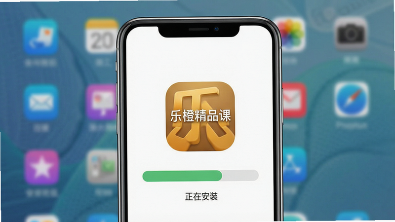 乐橙精品课安装流程示意图,主体为手机屏幕显示安装进度条,背景为模糊的桌面图标。布局居中,排版简洁,风格直观易懂,细节处显示“正在安装”字样,画质清晰,干净,无多余元素,文字“乐橙精品课”在安装包图标上。