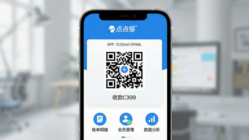 一张展示手机屏幕界面的概念图,主体是一部现代智能手机,屏幕上显示着“点点够”APP的首页,界面简洁干净,顶部有品牌Logo,中间突出显示一个大额的收款二维码,下方排列着“账单明细”、“会员管理”、“数据分析”三个功能入口图标,整体风格为扁平化设计,色彩以科技蓝和白色为主,光线柔和,背景虚化,高清画质,无多余文字干扰