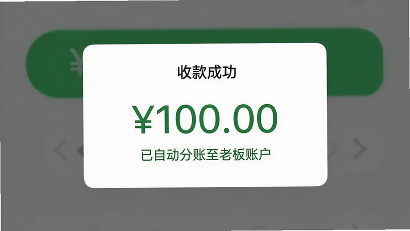 手机界面截图风格,重点展示“收款成功”弹窗,绿色背景,大号数字显示金额“100.00”,下方小字显示“已自动分账至老板账户”,界面极简,无其他干扰元素,高清,清晰