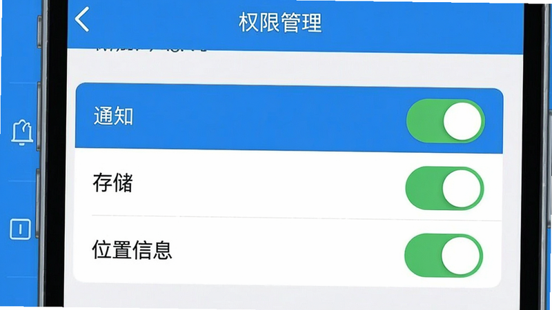手机设置界面示意图,展示“权限管理”页面,高亮显示“通知”、“存储”、“位置信息”三个开关为开启状态,背景简洁,蓝色主题,高清,清晰