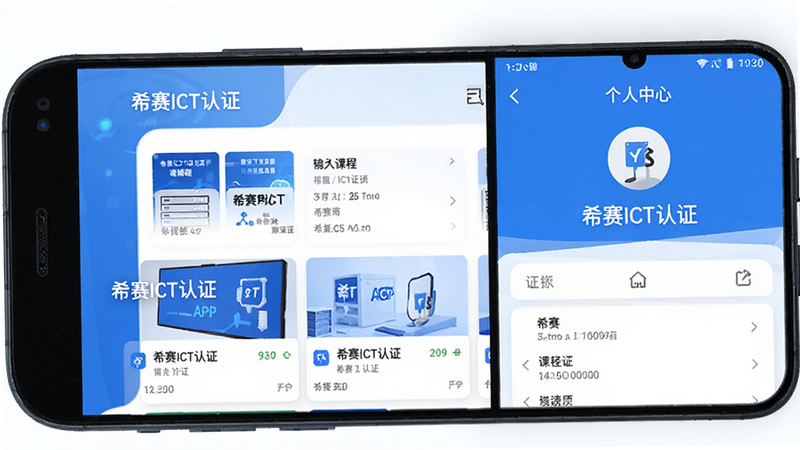 主体为希赛ICT认证APP的安卓手机界面预览图,布局清晰展示首页课程列表与个人中心,排版采用扁平化设计,风格现代科技蓝,细节包含清晰的图标与文字“希赛ICT认证”,画质高清,干净,无多余元素