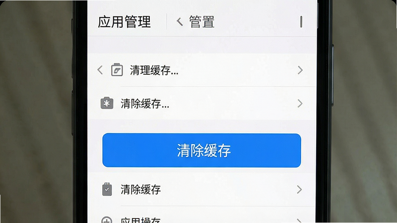 主体为手机设置界面中清理缓存的操作示意图,布局显示“应用管理”列表,排版清晰,风格系统原生UI,细节包含“清除缓存”按钮高亮,画质清晰,干净,无多余元素