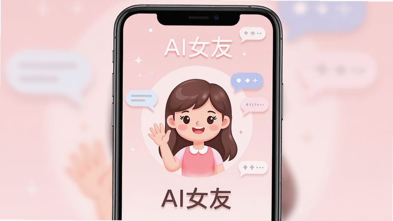 主体为手机屏幕界面,显示AI女友应用首页,背景为柔和的淡粉色渐变,中央有一个可爱的卡通女孩形象正在微笑挥手,周围漂浮着聊天气泡,布局居中对称,排版清晰,风格为扁平化设计,细节处有光影效果,画质高清,干净,无多余元素,文字内容