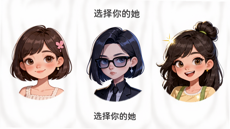 主体为角色选择界面,展示三个不同风格的卡通女孩头像,分别代表温柔、高冷、活泼三种性格,背景为柔和的白色,布局横向排列,排版整齐,风格为插画风,细节处有角色特征的高光处理,画质细腻,干净,无多余元素,文字内容