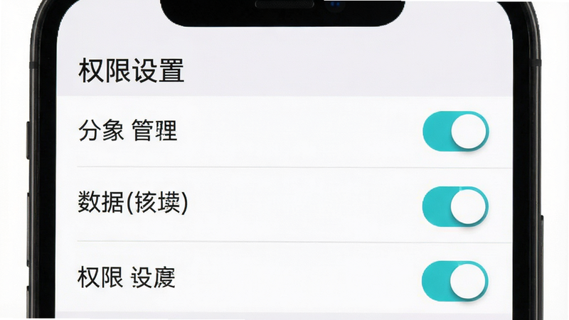 主体为手机设置界面,显示权限管理选项,背景为浅灰色,布局垂直列表,排版清晰,风格为系统UI风格,细节处有开关按钮的高亮,画质清晰,干净,无多余元素,文字内容