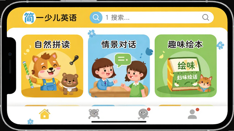 主体为简一少儿英语APP首页界面,布局清晰,顶部显示Logo和搜索栏,中间是卡通风格的“自然拼读”、“情景对话”、“趣味绘本”三个大模块卡片,底部是导航栏。排版整洁有序,风格为扁平化儿童插画风,色彩以明黄、天蓝、嫩绿为主,细节处有可爱的动物角色点缀,画质高清,干净无多余元素