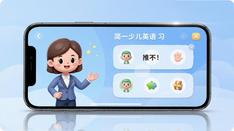 主体为一部现代智能手机横屏展示简一少儿英语的学习界面,屏幕左侧是卡通老师形象,右侧是互动题目,背景是柔和的蓝色渐变。布局平衡,风格清新简约,细节处有轻微的高光反射,画质逼真,无杂乱背景