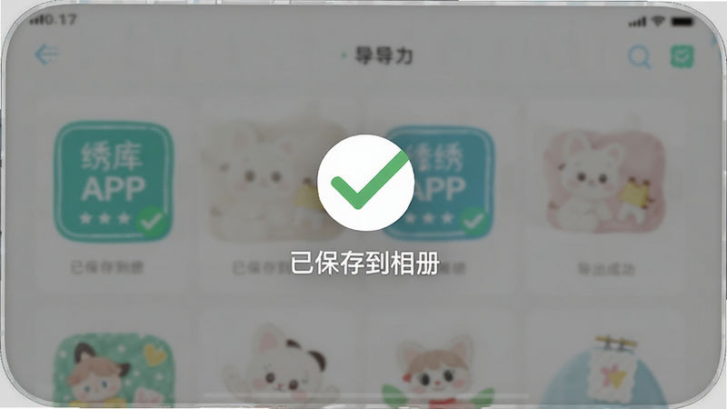 主体为绣库APP的导出成功提示界面,手机屏幕中央显示一个绿色的对勾图标,下方文字显示“已保存到相册”,背景为半透明的APP主界面,整体色调明亮清新,传达出操作成功的愉悦感,风格扁平化,简洁大方,高清画质,无多余干扰元素