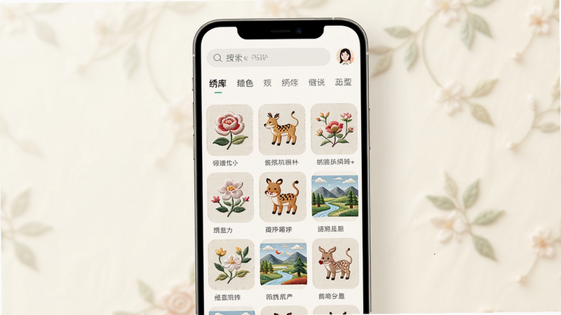 主体为一部竖直放置的现代智能手机,屏幕中央显示“绣库”APP的主界面,背景为柔和的米白色,界面上整齐排列着多个刺绣图案缩略图,包括花卉、动物和风景,顶部有清晰的搜索栏和分类标签,整体风格清新自然,高分辨率,细节清晰,无多余装饰,干净简洁,8k画质