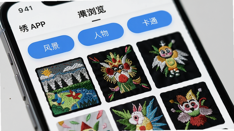 主体为绣库APP的分类浏览界面,手机屏幕特写,显示“风景”、“人物”、“卡通”等分类标签被高亮选中,下方网格状展示着对应的精美刺绣图案,色彩丰富鲜艳,布局整齐有序,背景虚化处理以突出屏幕内容,风格现代简约,高清细节,无水印,干净背景