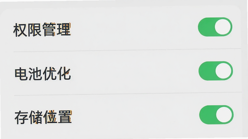 主体为绣库APP的设置界面截图,手机屏幕显示“权限管理”、“电池优化”和“存储位置”三个选项,每个选项右侧有开关或状态指示,界面简洁明了,背景为浅灰色,文字清晰可读,风格扁平化,高清细节,无多余元素,干净背景