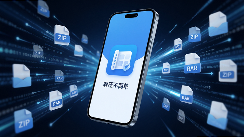 一部现代智能手机悬浮在画面中央,屏幕显示“解压不简单”App界面,界面简洁清新,主色调为科技蓝与白色。背景是抽象的数据流和文件图标(如ZIP、RAR)快速汇聚成光束的效果。风格为极简主义科技风,高清渲染,细节清晰,无多余杂乱元素,突出软件高效、专业的视觉感受。