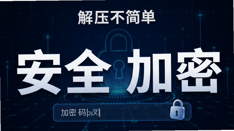 “解压不简单”App的加密设置界面,显示密码输入框和锁形图标。背景为深蓝色科技感网格,象征安全与稳固。画面中心突出“安全”、“加密”字样,风格严谨、专业,色彩对比强烈,高清细节,无其他干扰元素。
