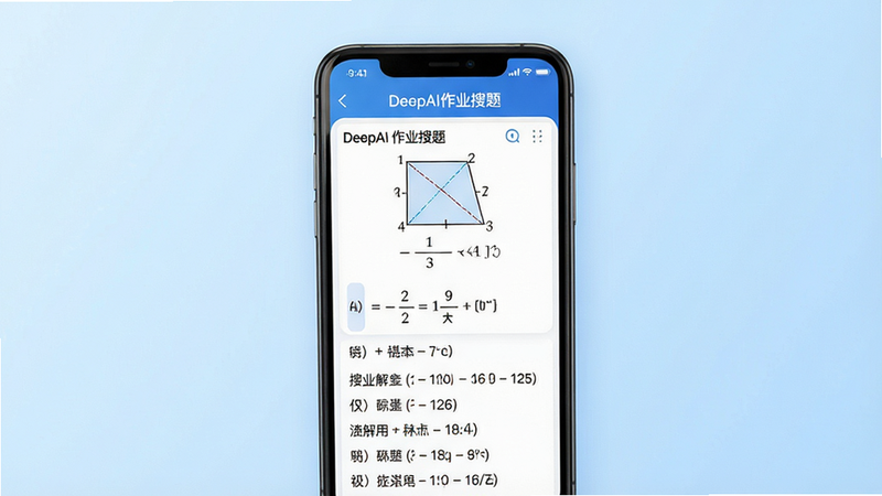 һ��չʾDeepAI��ҵ����APP����ĸ�����UI���ͼ������Ϊ�ֻ���Ļ����Ļ����ʾһ����ѧ�����⼰����ϸ���ⲽ�裬����Ϊ����ǳ��ɫ���䣬����ִ���Լ��ϸ�����������ʸ��壬�޶���Ԫ�أ����ֱ�ǩ��DeepAI��ҵ���⡱�����ɼ�
