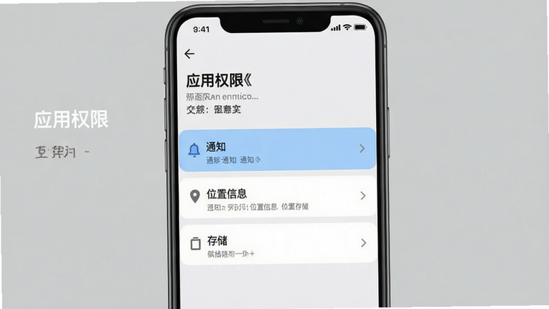 生成一张手机设置界面的示意图,展示“应用权限”设置页面,高亮显示“通知”、“位置信息”和“存储”三个选项,背景为简洁的灰色,文字清晰,风格扁平、干净、无多余装饰