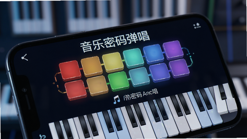 手机屏幕特写,展示音乐密码弹唱的核心弹奏界面,屏幕中央显示巨大的彩色音阶方块,下方是虚拟琴键,背景模糊处理突出主体,风格科技感,细节清晰,高清画质,干净无多余元素,图中文字包含