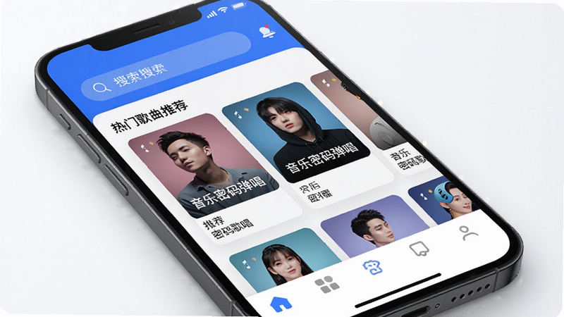 主体为手机屏幕界面,显示音乐密码弹唱的APP首页,布局清晰,顶部是搜索栏,中间是热门歌曲推荐卡片,底部是导航栏,风格现代简约,蓝色调为主,细节精致,高清画质,干净无多余元素,图中文字包含