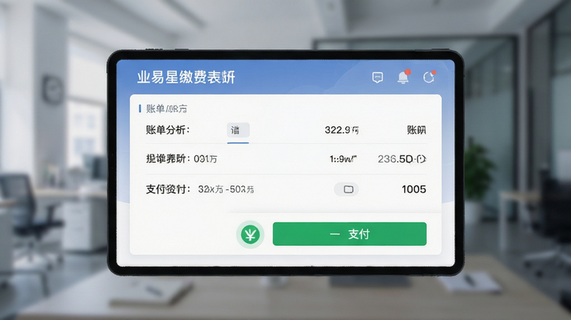 业易星缴费界面设计,显示账单列表与支付按钮,界面整洁,绿色支付标识醒目,背景模糊处理突出主体,现代UI设计风格,高清晰度