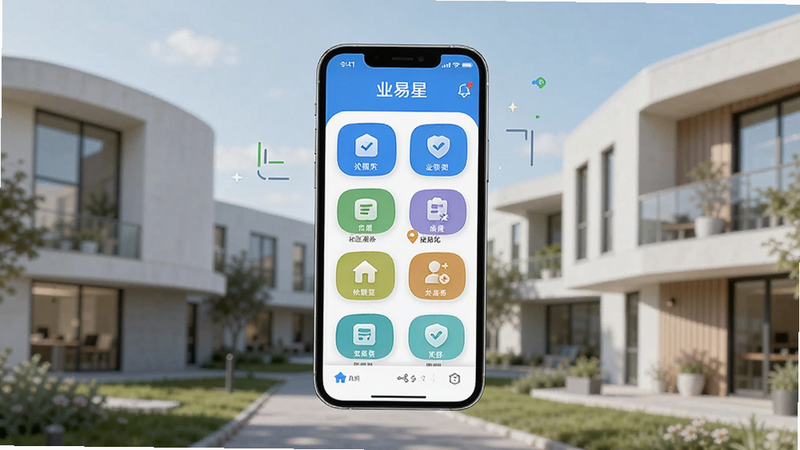 一张展示业易星APP主界面的概念图,背景为现代简约社区建筑,前景悬浮着手机屏幕,屏幕显示清晰的社区服务图标网格,色彩明亮清新,体现科技与生活的融合,高清渲染,无多余装饰元素