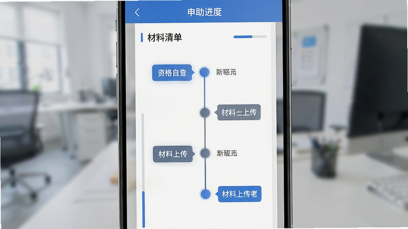 主体为省助 APP 内的申请流程引导页面,布局采用垂直时间轴设计,排版清晰展示从“资格自查”到“材料上传”的各个节点,风格为简约商务风,细节高亮当前步骤并带有进度条指示,画质清晰锐利,干净无水印,文字内容包含“申请进度”及“材料清单”