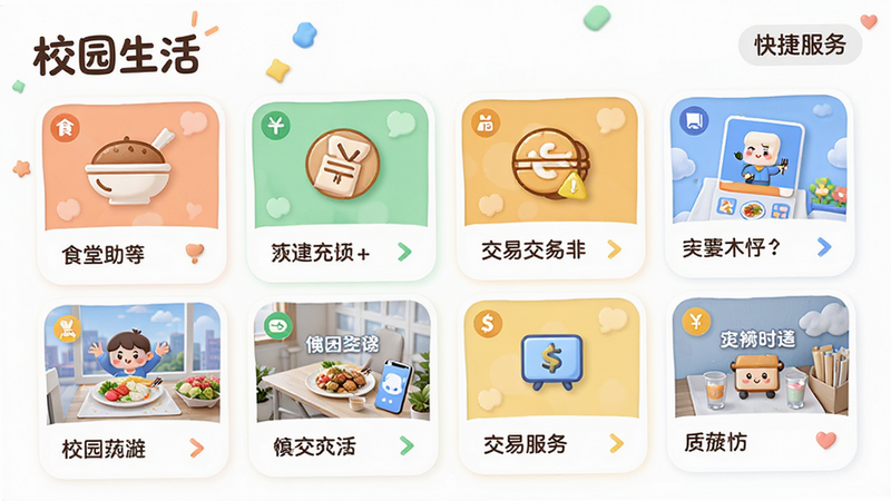 主体为省助 APP 的校园生活服务聚合页面,布局采用网格状卡片设计,排版整齐展示食堂、充值、交易等图标,风格为活泼可爱的卡通风,细节丰富展示各功能模块的预览图,画质高清细腻,干净背景无干扰,文字内容包含“校园生活”及“快捷服务”