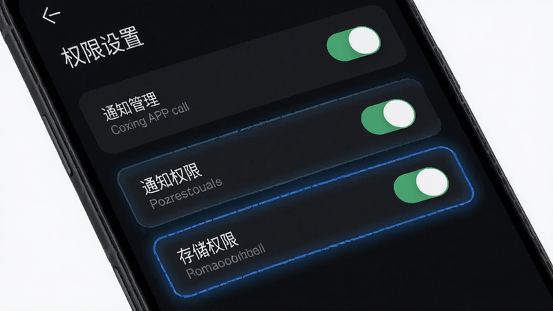 主体为省助 APP 在安卓手机上的设置界面,布局聚焦于权限管理与通知设置区域,排版清晰展示开关按钮与选项说明,风格为科技感深色模式,细节高亮“通知权限”与“存储权限”选项,画质清晰,干净无杂物,文字内容包含“权限设置”及“通知管理”