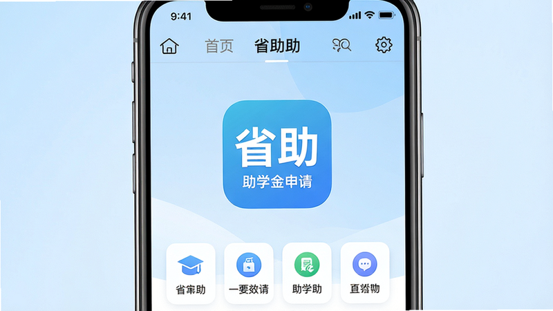 主体为省助 APP 手机界面高清截图,背景为柔和的浅蓝色渐变,布局居中突出应用图标与核心功能模块,排版整洁有序,风格为现代扁平化 UI 设计,细节清晰展示首页导航栏与主要功能入口,画质 4K 高清,干净无多余元素,文字内容包含“省助”及“助学金申请”
