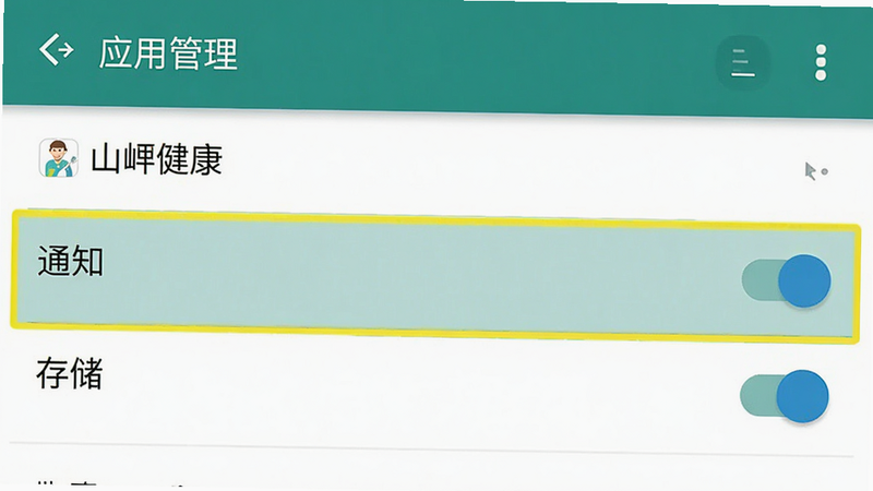 生成一张手机设置界面的示意图,显示“应用管理”中“山岬健康”的权限设置页面,重点高亮“通知”和“存储”权限开关,布局标准安卓风格,排版清晰,风格扁平,细节真实,画质高清,干净,无多余元素