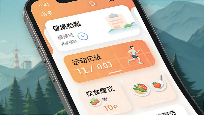 生成一张山岬健康APP的功能模块展示图,主体为手机屏幕截图,展示“健康档案”、“运动记录”、“饮食建议”三个主要模块卡片,布局整齐,排版扁平化,风格科技感与温馨感结合,细节处有柔和阴影,画质清晰,干净,无多余元素
