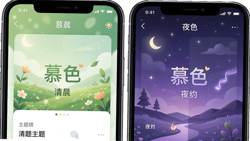 �ֻ���Ļ��д��չʾ��Ľɫ��APP�ڲ�ͬʱ��ε������л�Ч����������峿����ɫ���½��棬�Ҳ���ҹ������ɫ�λý��棬���ֶԳƣ��Ű����룬���Ψ����ϸ�ڷḻ�����ʸ��壬�ɾ����޶���Ԫ��