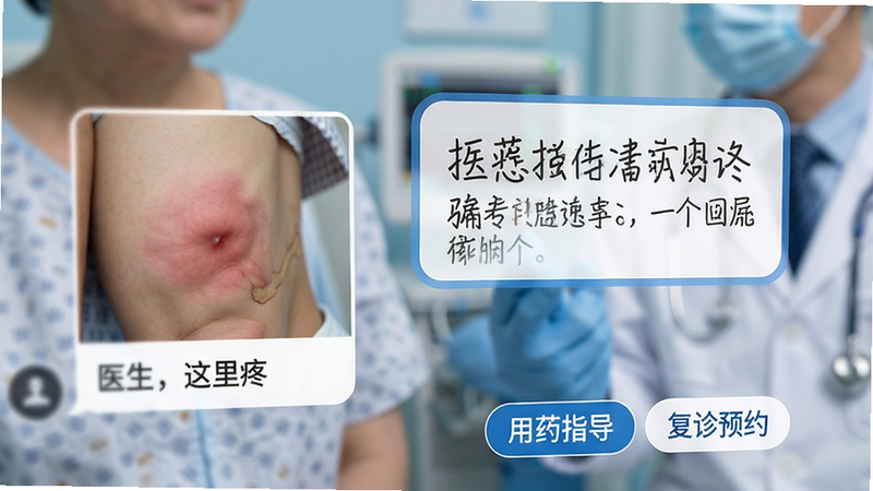 展示医患对话界面的特写图,左侧为患者发送的模糊患处照片和文字“医生,这里疼”,右侧为医生回复的专业建议气泡,界面下方有快捷回复标签“用药指导”“复诊预约”,背景虚化处理,突出对话气泡的清晰度,蓝色主色调,专业医疗氛围,高保真渲染,细节丰富