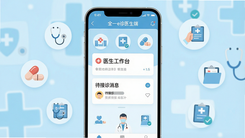 一张高清的手机应用界面展示图,主体为“全一e诊医生端”APP首页,背景为干净的浅蓝色医疗风格,屏幕中央显示“医生工作台”和“待接诊消息”模块,周围环绕着简洁的医疗图标如听诊器、药丸、病历夹,整体布局清晰,UI设计现代扁平化,无多余装饰,8k分辨率,干净明亮
