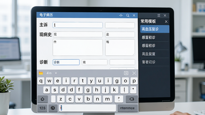 电子病历录入界面的示意图,屏幕显示“主诉”、“现病史”、“诊断”等字段,键盘弹出处于输入状态,右侧侧边栏显示“常用模板”列表,包含“高血压复诊”、“感冒初诊”等选项,界面整洁,字体清晰易读,体现高效办公场景,现代科技感,4k画质
