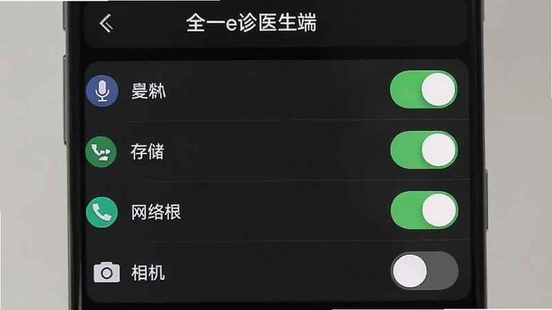 手机设置界面截图,显示“全一e诊医生端”的权限管理列表,麦克风、存储、网络权限开关处于开启状态(绿色),相机权限关闭(灰色),背景为深色模式,界面清晰,图标清晰可见,体现隐私安全设置,高清细节,无杂乱背景