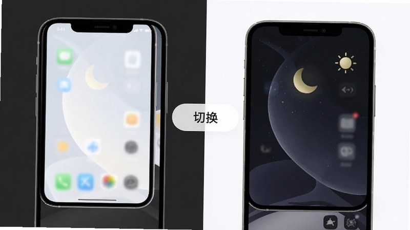 手机界面演示,左侧为浅色模式,右侧为深色夜间模式,中间显示“切换”按钮,背景为深灰与浅白的分割,突出护眼功能的对比效果,布局对称,色彩柔和,风格简约,细节清晰,画质高,无干扰元素