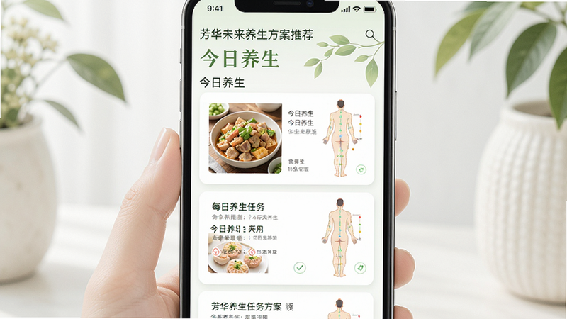 芳华未来养生方案推荐界面,主体为手机列表展示每日养生任务,布局为卡片式流式排列,排版整齐有序,风格为清新自然风,细节包含食谱图片与穴位图示,画质高保真,干净,无多余元素,文字显示