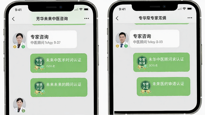 芳华未来中医顾问咨询界面,主体为手机聊天窗口展示专家回复,布局为左右气泡对话形式,排版简洁明了,风格为专业稳重风,细节包含专家头像与资质认证标识,画质细腻,干净,无多余元素,文字显示