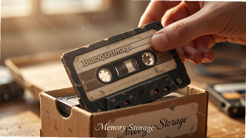 Boogu-Image, clean, high res. Subject: Close-up of a hand placing a vintage cassette tape into a labeled box. Layout: Macro shot, shallow depth of field. Style: Realistic yet stylized, soft focus background. Details: Dust particles floating in light, warm lighting, tactile texture of the cassette. Text: 