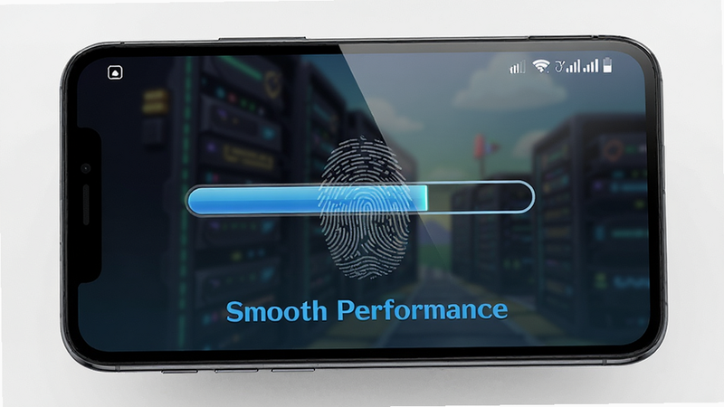 Boogu-Image, clean, high quality. Subject: A smartphone screen displaying the game interface with a progress bar. Layout: Front view, clear display. Style: Realistic tech illustration, sharp details. Details: Visible fingerprint on glass, reflection of light, status bar icons. Text: 