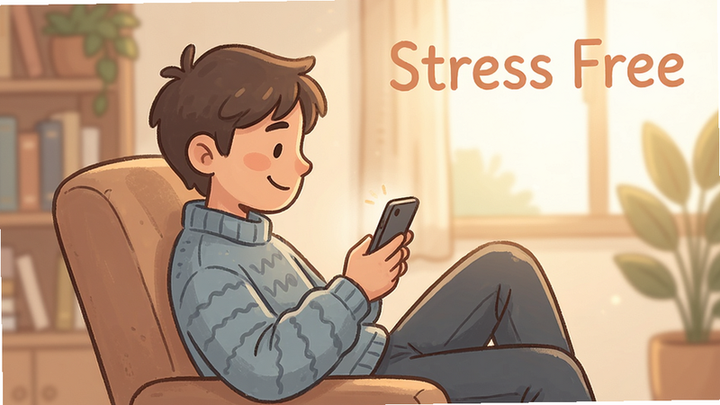 Boogu-Image, clean, high quality. Subject: A relaxed character sitting in a chair, looking at a phone with a smiling face. Layout: Side view, peaceful environment. Style: Illustrative, soft outlines, warm lighting. Details: Comfortable clothing, cozy room background, gentle expression. Text: 