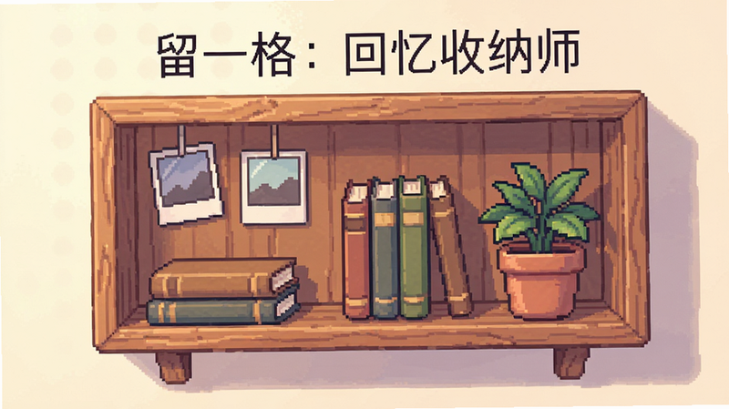 Boogu-Image style, clean layout, high quality, no extra elements. Subject: A cozy digital room with a wooden shelf, neatly arranged vintage items like polaroid photos, old books, and a potted plant. Layout: Centered composition with soft lighting. Style: Pixel art, warm pastel colors, healing atmosphere. Details: Visible textures on wood and paper, subtle shadows. Text: 