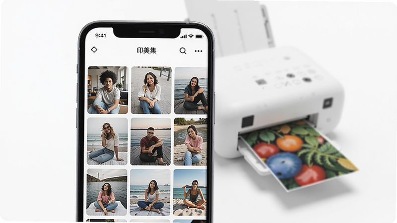 一张高分辨率展示“印美集”APP界面的数字艺术图,主体为手机屏幕,屏幕上显示着精选的生活照片网格,背景虚化展示一台白色便携式照片打印机正在吐出一张色彩鲜艳的照片,布局居中,排版整洁,风格现代简约,细节清晰,8k分辨率,干净,无多余元素