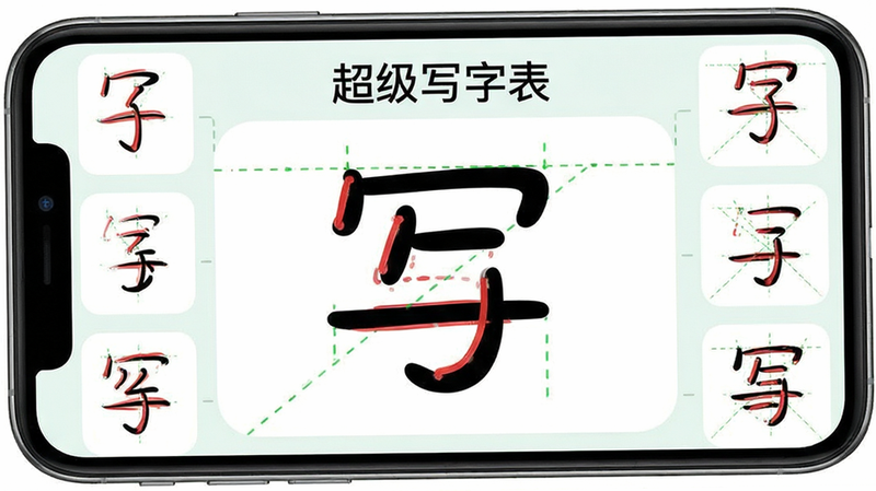 ����Ϊ�ֻ���Ļ��ʾ����д�ֱ�APP���棬����Ϊ�м����չʾ������Χ���Ʊʻ��ֽ�Сͼ���Ű������Գƣ����Ϊ���¼�Լ�����磬ϸ�ڰ�����ɫ�ʻ��켣����ɫ�����ߣ����ʸ��壬�ɾ����޶���Ԫ�أ����֡�����д�ֱ��������ɼ�